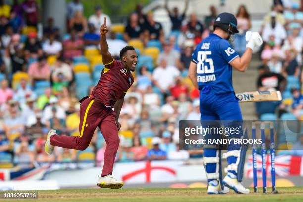 Matthew Forde of the West Indies celebrates the dismissal of Will Jacks of England during the third and final ODI match between the West Indies and...