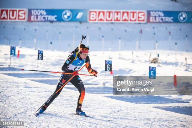 Vanessa Voigt of Germany at the shooting range during the Women 10 km Pursuit at the BMW IBU World Cup Biathlon Hochfilzen on December 9, 2023 in...