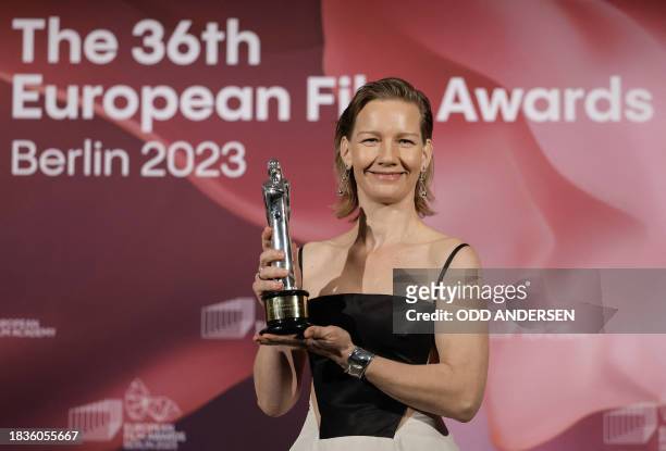 German actress Sandra Hueller poses with her trophy for "European Actress" for her part in "Anatomy of A Fall" during the 36th European Film Awards...