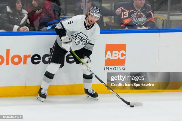 Los Angeles Kings Right Wing Adrian Kempe controls the puck during the first period of the National Hockey League game between the Los Angeles Kings...