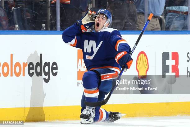Jean-Gabriel Pageau of the New York Islanders celebrates after scoring the game-winning goal against the Los Angeles Kings during overtime at UBS...