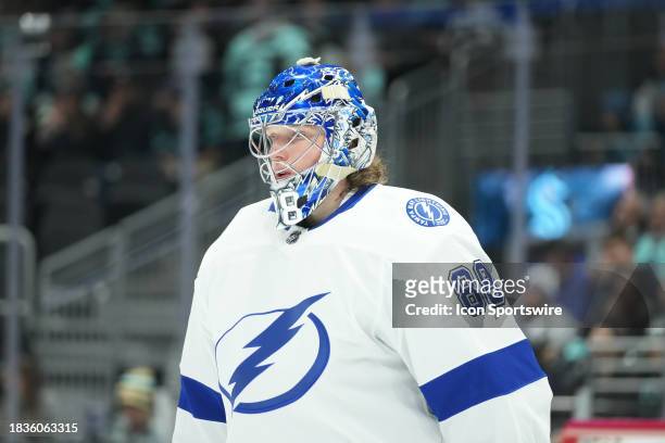 Tampa Bay Lightning goaltender Andrei Vasilevskiy looks on during time-out in a NHL game between the Seattle Kraken and Tampa Bay Lightening on...