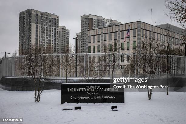 The Embassy of the United State of America in Kyiv stands in the snow, on December 8th 2023, in Kyiv Region, Ukraine. Ukraine says it is hopeful that...