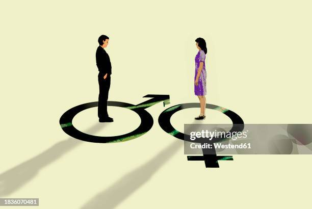 man and woman standing on gender symbols facing each other - dividing stock illustrations