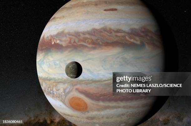 jupiter and ganymede, illustration - ganymede planetary moon stock illustrations