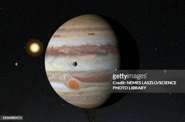 jupiter and galilean moons, illustration - jupiter planet stock illustrations