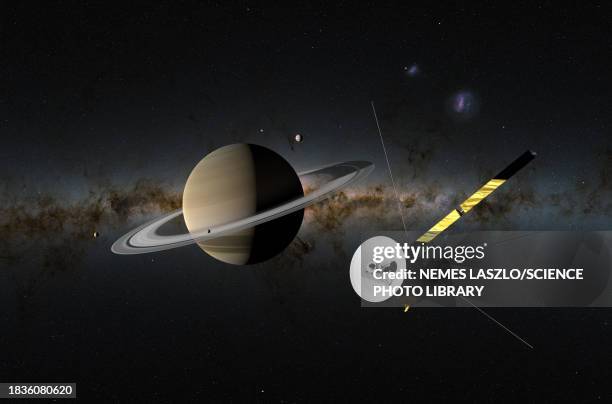 illustrations, cliparts, dessins animés et icônes de cassini probe orbiting saturn, illustration - véhicule spatial