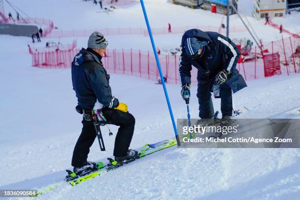 Janez Hladnik, Markus Waldner during the jury inspection during the Audi FIS Alpine Ski World Cup Men's Slalom on December 10, 2023 in Val d'Isere,...