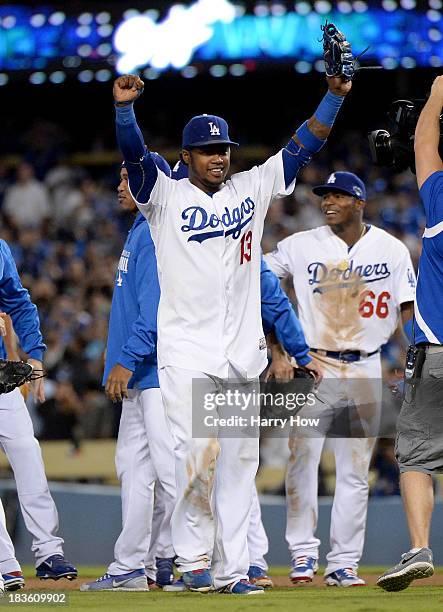 Hanley Ramirez of the Los Angeles Dodgers celebrates after the Dodgers defeat the Atlanta Braves 4-3 in Game Four of the National League Division...