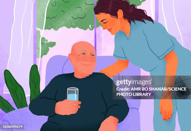 nurse checking on senior man, illustration - nursing home stock illustrations