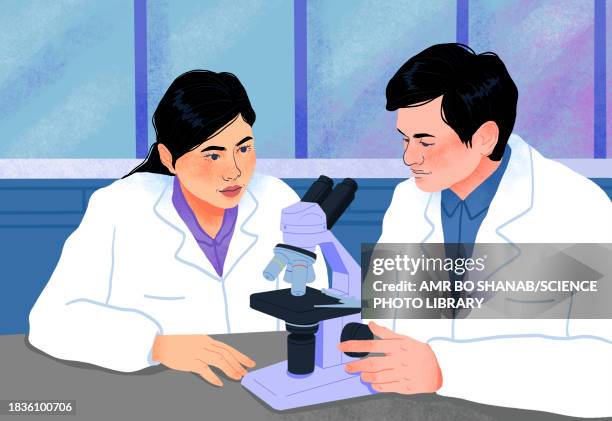 scientists using light microscope, illustration - scientists microscope stock illustrations