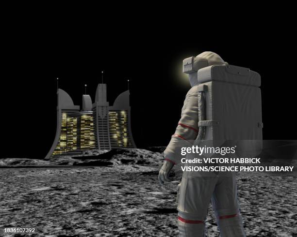 astronaut visiting hotel complex on moon, illustration - space tourism stock illustrations