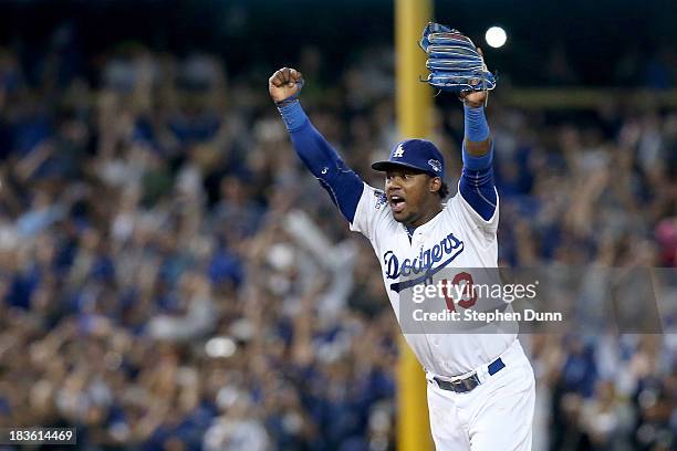 Hanley Ramirez of the Los Angeles Dodgers celebrates as the Dodgers defeat the Atlanta Braves 4-3 in Game Four of the National League Division Series...