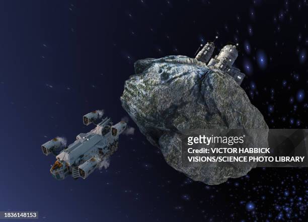 space mining of asteroid, illustration - spaceship stock illustrations