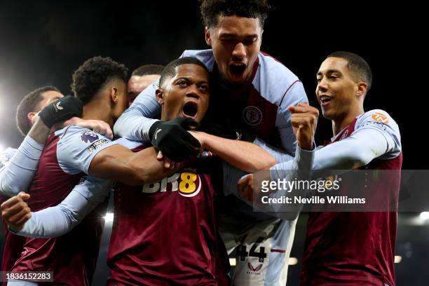 Leon Bailey of Aston Villa celebrates after scoring the team's first goal during the Premier League match between Aston Villa and Manchester City at...