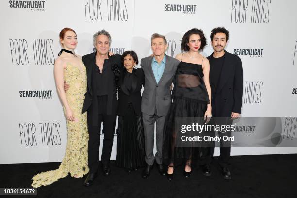 Emma Stone, Mark Ruffalo, Kathryn Hunter, Willem Dafoe, Margaret Qualley and Ramy Youssef attend the "Poor Things" premiere at DGA Theater on...