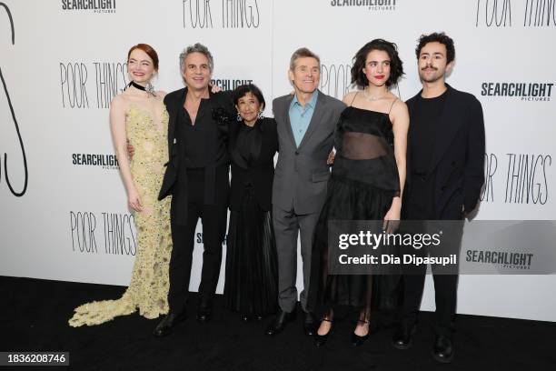 Emma Stone, Mark Ruffalo, Kathryn Hunter, Willem Dafoe, Margaret Qualley and Ramy Youssef attend the "Poor Things" premiere at DGA Theater on...