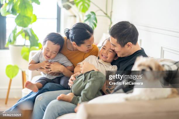 relaxing at home - asian family with dog stock pictures, royalty-free photos & images
