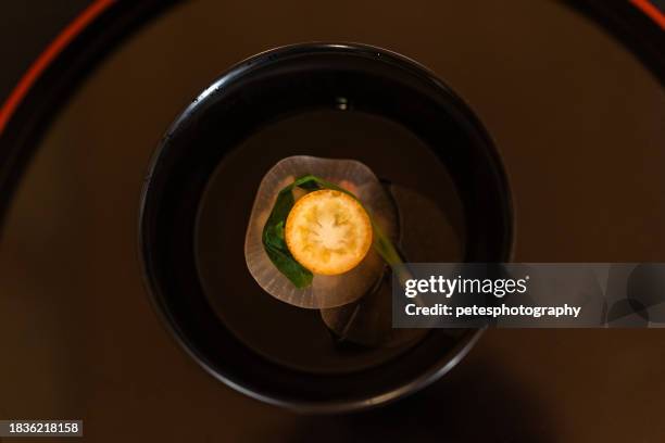 top down view of a simple but fancy japanese food entree - yuzu stock pictures, royalty-free photos & images