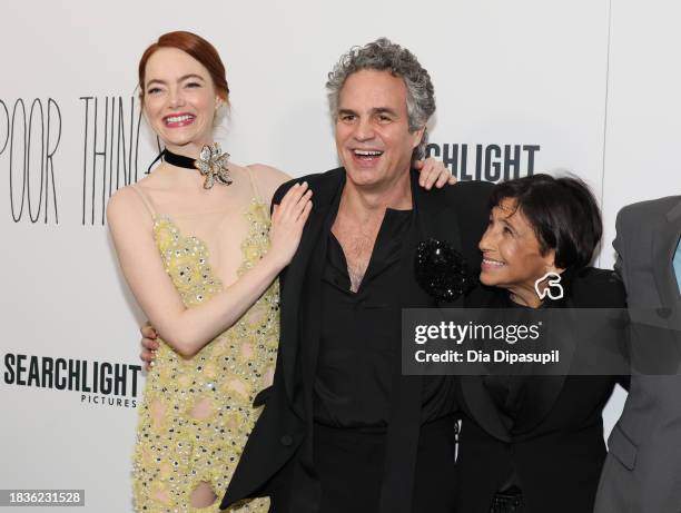 Emma Stone, Mark Ruffalo and Kathryn Hunter attend the "Poor Things" premiere at DGA Theater on December 06, 2023 in New York City.