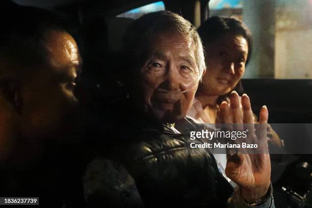 Former president of Peru Alberto Fujimori exits in a car the Barbadillo prison after being released on December 06, 2023 in Lima, Peru. On Tuesday,...