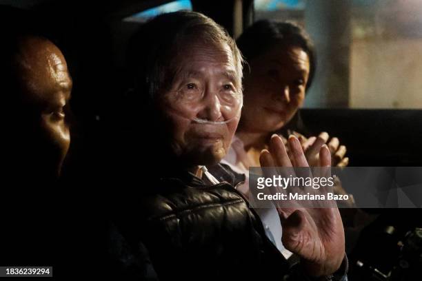 Former president of Peru Alberto Fujimori exits in a car the Barbadillo prison after being released on December 06, 2023 in Lima, Peru. On Tuesday,...