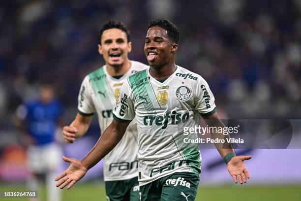 Endrick of Palmeiras celebrates after scoring the team's first goal during the match between Cruzeiro and Palmeiras as part of Brasileirao 2023 at...