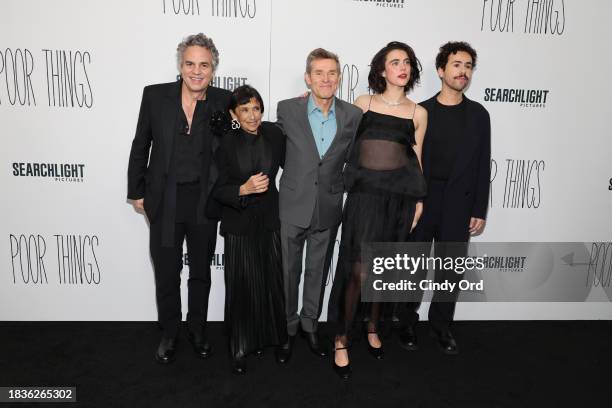 Mark Ruffalo, Kathryn Hunter, Willem Dafoe, Margaret Qualley and Ramy Youssef attend the "Poor Things" premiere at DGA Theater on December 06, 2023...