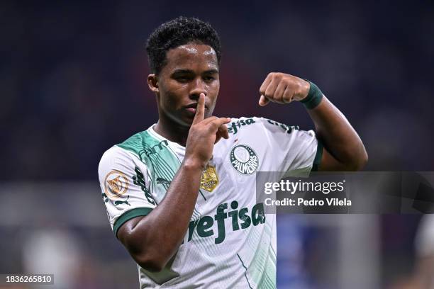 Endrick of Palmeiras celebrates after scoring the team's first goal during the match between Cruzeiro and Palmeiras as part of Brasileirao 2023 at...