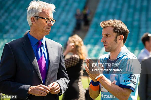 David Gallop and Alessandro Del Piero chat during the 2013/14 A-League Season Launch at Allianz Stadium on October 8, 2013 in Sydney, Australia.
