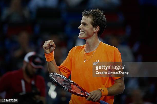 Vasek Pospisil of Canada celebrates his win against Richard Gasquet of France during day two of the Shanghai Rolex Masters at the Qi Zhong Tennis...