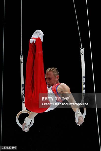 Aleksandr Balandin of Russia competes in the Rings Final on Day Six of the Artistic Gymnastics World Championships Belgium 2013 held at the Antwerp...