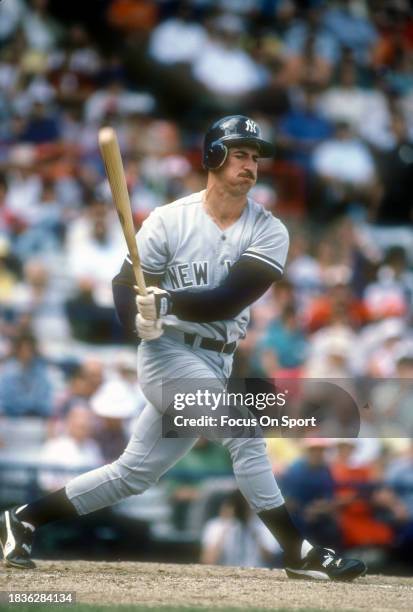 Mike Pagliarulo of the New York Yankees bats against the Baltimore Orioles during a Major League Baseball game circa 1987 at Memorial Stadium in...