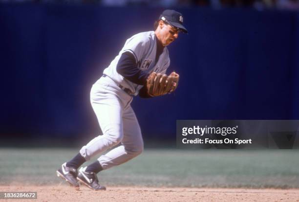 Mike Pagliarulo of the New York Yankees in action against the Baltimore Orioles during a Major League Baseball game circa 1987 at Memorial Stadium in...