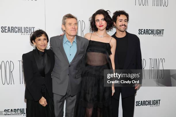 Kathryn Hunter, Willem Dafoe, Margaret Qualley and Ramy Youssef attend the "Poor Things" premiere at DGA Theater on December 06, 2023 in New York...