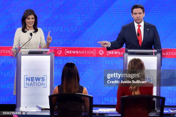 Republican presidential candidates former U.N. Ambassador Nikki Haley and Florida Gov. Ron DeSantis participate in the NewsNation Republican...