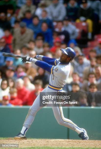Ernest Riles of the Milwaukee Brewers bats against the Boston Red Sox during a Major League Baseball game circa 1985 at Fenway Park in Boston,...