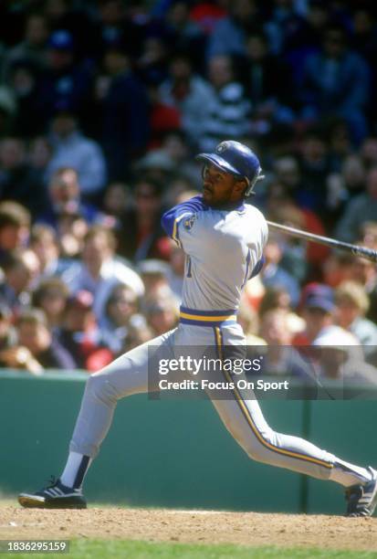 Ernest Riles of the Milwaukee Brewers bats against the Boston Red Sox during a Major League Baseball game circa 1985 at Fenway Park in Boston,...