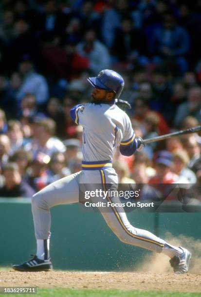 Ernest Riles of the Milwaukee Brewers bats against the Boston Red Sox during a Major League Baseball game circa 1985 at Fenway Park in Boston,...