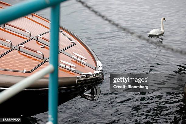 White swan swims in Lake Isea near a Riva Rivarama Super luxury yacht, manufactured by Ferretti Group, at the company's shipyard in Sarnico, Italy,...