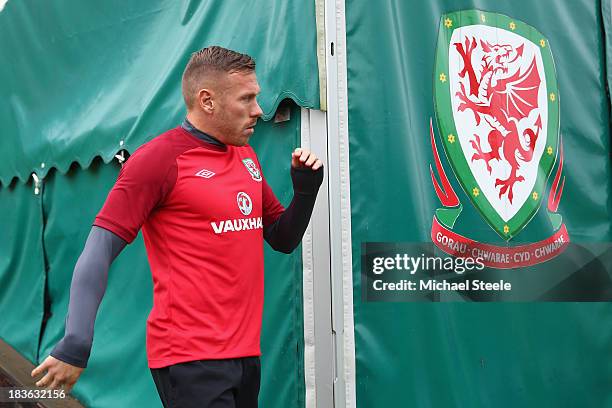 Craig Bellamy arrives ahead of the Wales training session at the Vale of Glamorgan complex on October 8, 2013 in Cardiff, Wales.