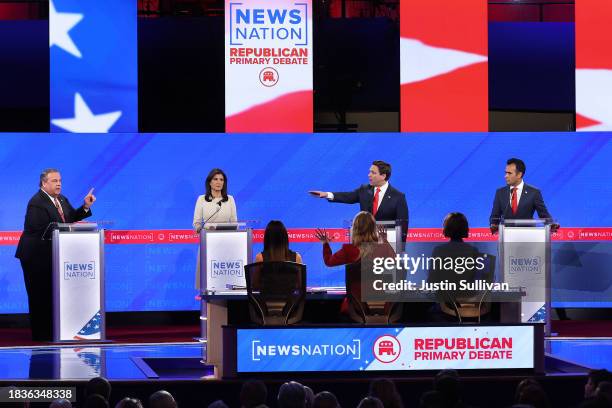 Republican presidential candidates former New Jersey Gov. Chris Christie, former U.N. Ambassador Nikki Haley, Florida Gov. Ron DeSantis and Vivek...