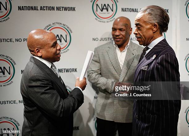 Kedar Massenburg, Former Boxing champion Mike Tyson and President and founder of the National Action Network Reverend Al Sharpton backstage at The...