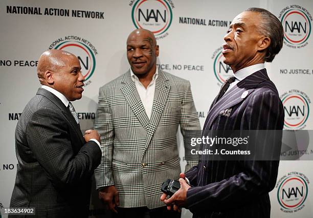 Kedar Massenburg, Former Boxing champion Mike Tyson and President and founder of the National Action Network Reverend Al Sharpton backstage at The...