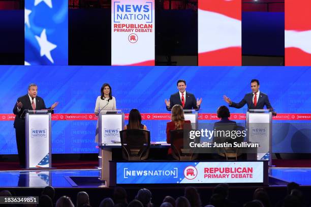 Republican presidential candidates former New Jersey Gov. Chris Christie, former U.N. Ambassador Nikki Haley, Florida Gov. Ron DeSantis and Vivek...