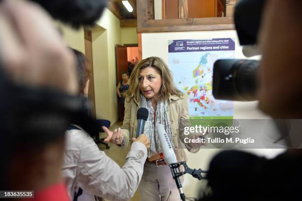 Giusi Nocolini, Mayor of Lampedusa speaks with journalists on October 8, 2013 in Lampedusa, Italy. The search for bodies continues off the coast of...