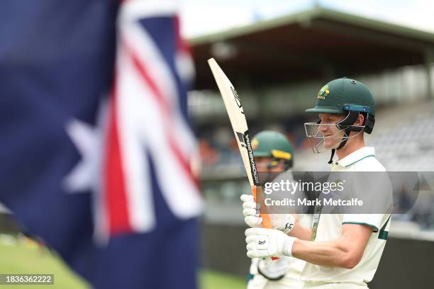 Cameron Bancroft and Marcus Harris of the Prime Ministers XI prepare to walk out to bat during day two of the Tour Match between PMs XI and Pakistan...