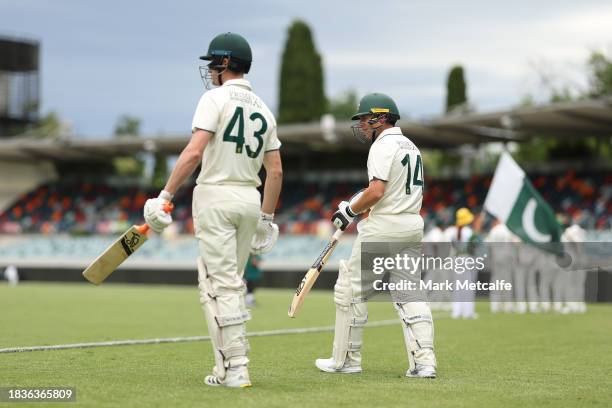 Cameron Bancroft and Marcus Harris of the Prime Ministers XI prepare to walk out to bat during day two of the Tour Match between PMs XI and Pakistan...