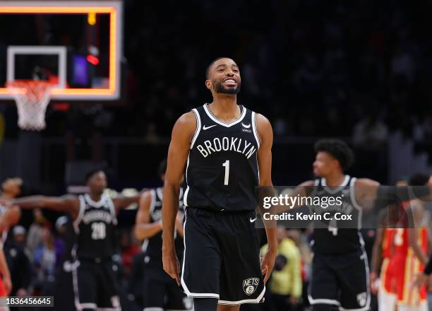 Mikal Bridges of the Brooklyn Nets reacts after their 114-113 win over the Atlanta Hawks at State Farm Arena on December 06, 2023 in Atlanta,...