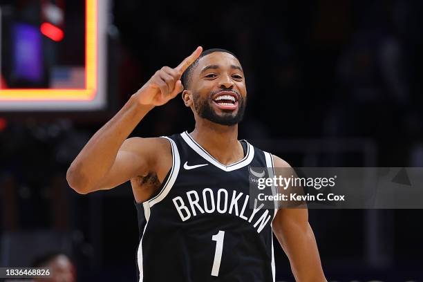 Mikal Bridges of the Brooklyn Nets reacts after their 114-113 win over the Atlanta Hawks at State Farm Arena on December 06, 2023 in Atlanta,...